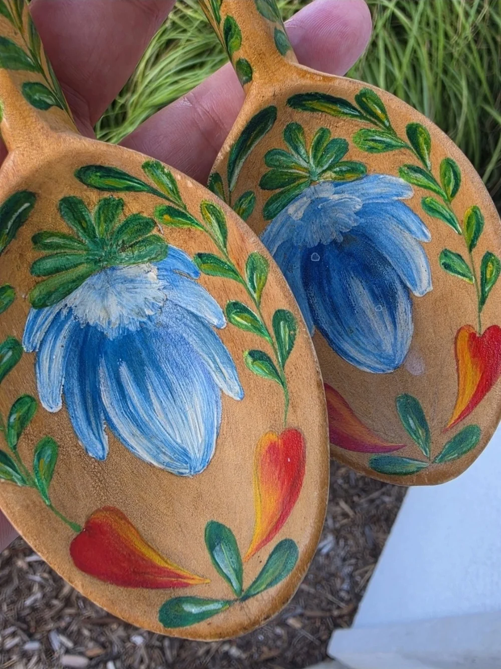 Ukrainian Folk Art Signed Pair Of Hand Painted Wooden Spoons Couple Wall Decor